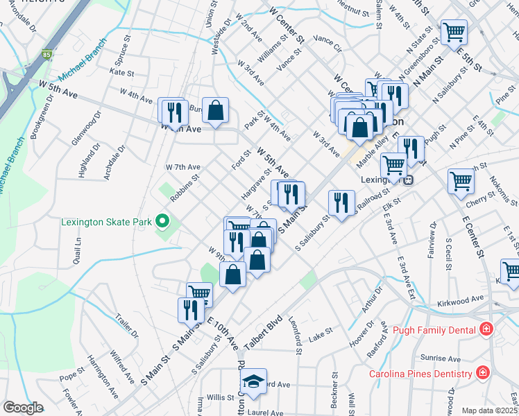 map of restaurants, bars, coffee shops, grocery stores, and more near 104 West 7th Avenue in Lexington