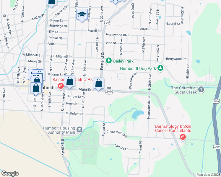 map of restaurants, bars, coffee shops, grocery stores, and more near 2227 East Main Street in Humboldt