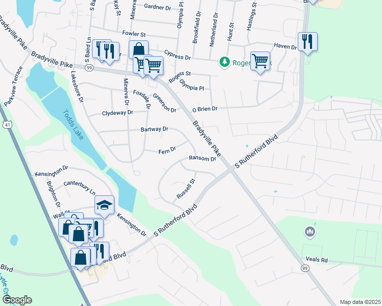 map of restaurants, bars, coffee shops, grocery stores, and more near 2010 Bartway Drive in Murfreesboro