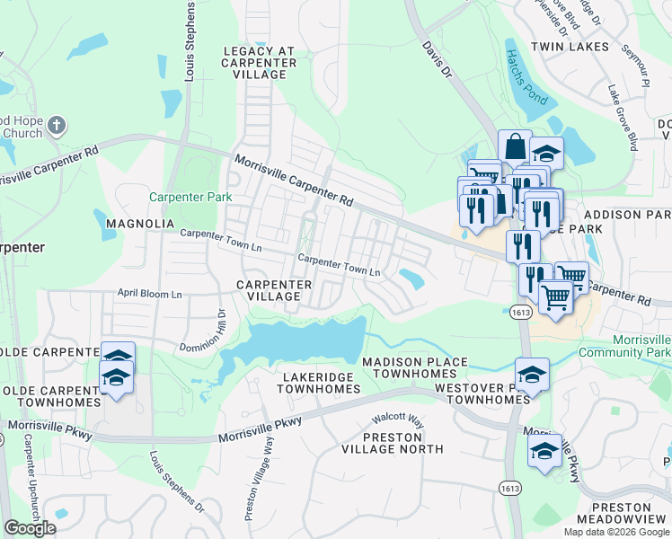 map of restaurants, bars, coffee shops, grocery stores, and more near 605 Carpenter Town Lane in Cary