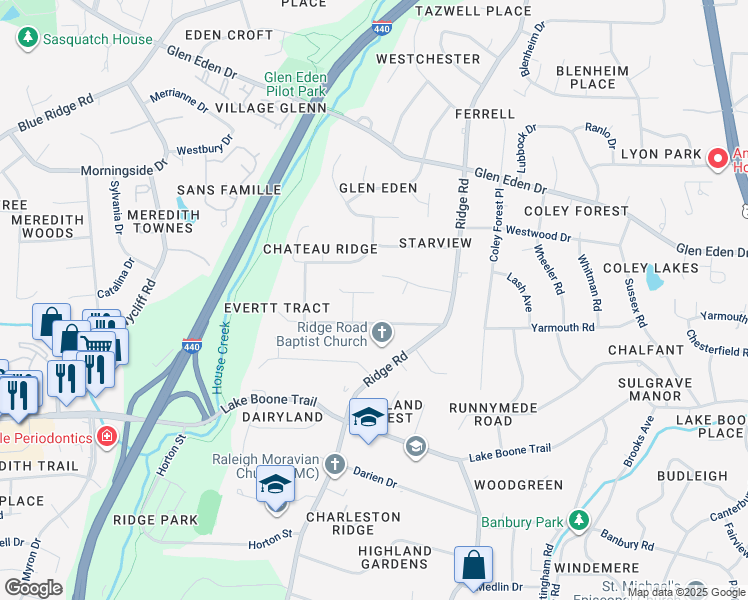 map of restaurants, bars, coffee shops, grocery stores, and more near 3303 Boulder Court in Raleigh