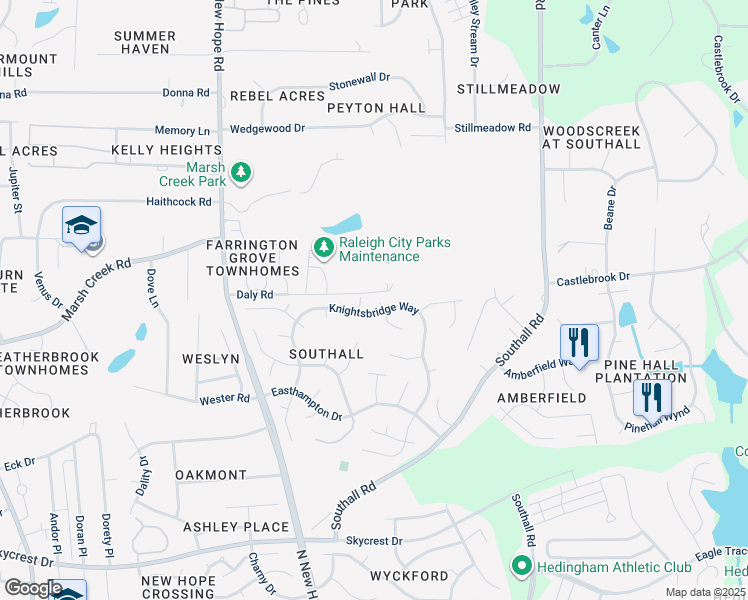 map of restaurants, bars, coffee shops, grocery stores, and more near 2805 Kempsford Place in Raleigh