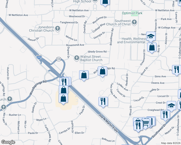 map of restaurants, bars, coffee shops, grocery stores, and more near 2109 Rich Cove in Jonesboro