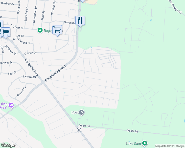 map of restaurants, bars, coffee shops, grocery stores, and more near 2524 Lismore Drive in Murfreesboro
