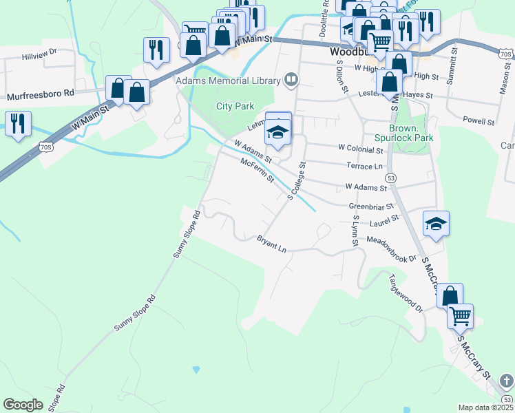 map of restaurants, bars, coffee shops, grocery stores, and more near 599 Tilford Court in Woodbury