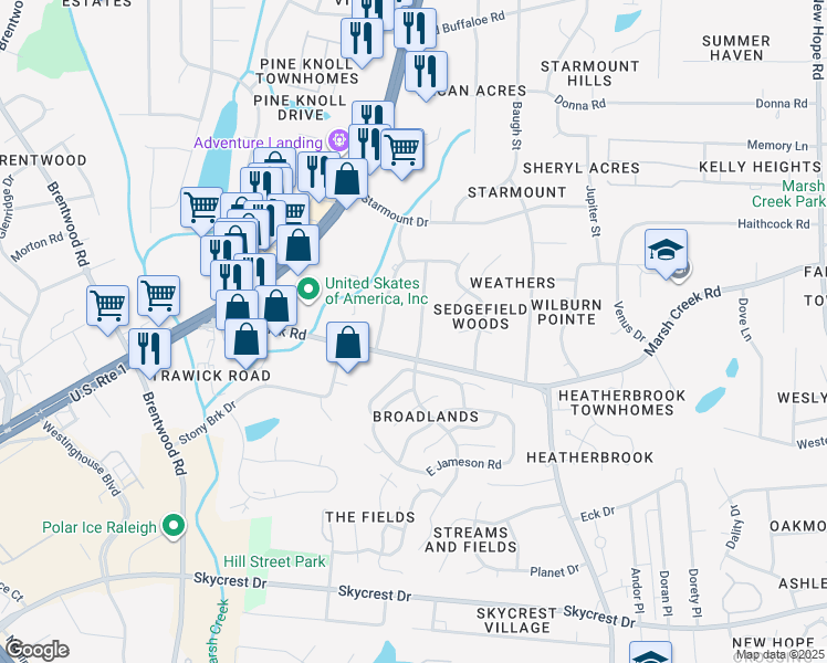 map of restaurants, bars, coffee shops, grocery stores, and more near 3013 Sherry Drive in Raleigh