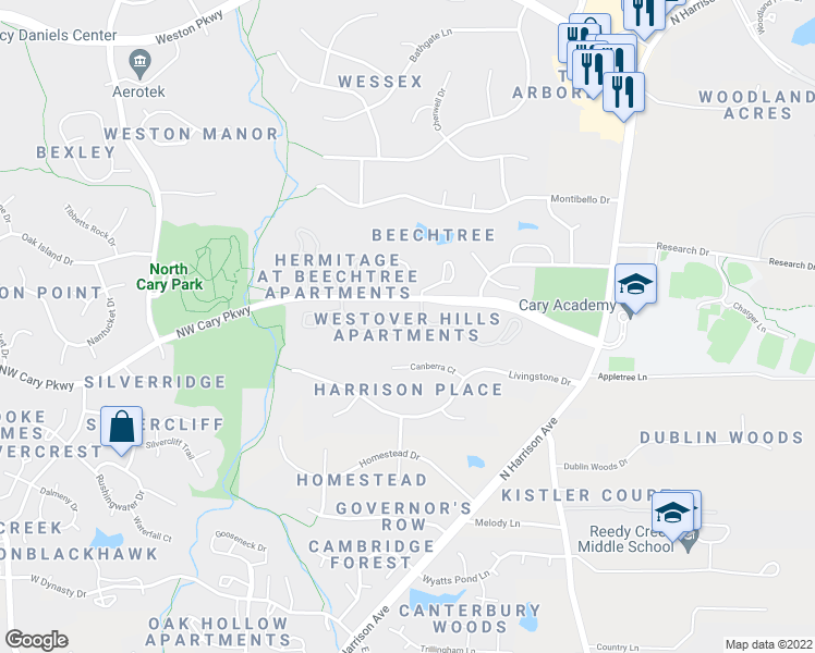 map of restaurants, bars, coffee shops, grocery stores, and more near 933 Heathmoor Lane in Cary