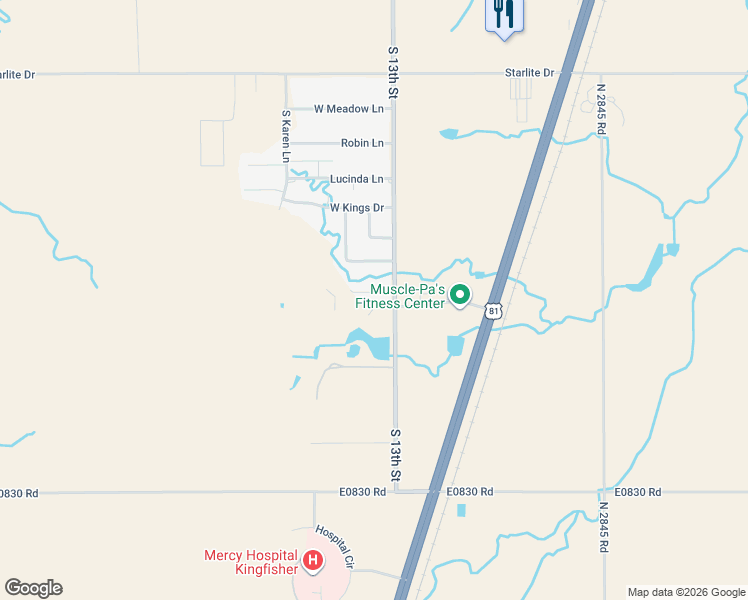 map of restaurants, bars, coffee shops, grocery stores, and more near 801 Kens Road in Kingfisher