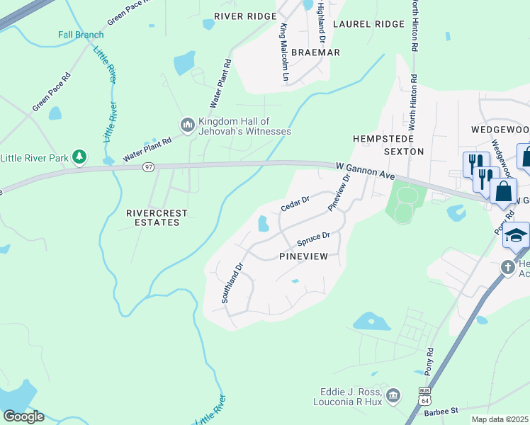 map of restaurants, bars, coffee shops, grocery stores, and more near 221 Cedar Court in Zebulon