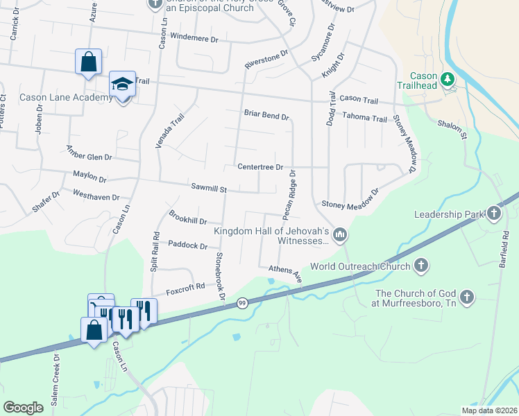 map of restaurants, bars, coffee shops, grocery stores, and more near 2224 Spartan Court in Murfreesboro