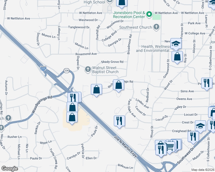 map of restaurants, bars, coffee shops, grocery stores, and more near 2109 Rich Cove in Jonesboro