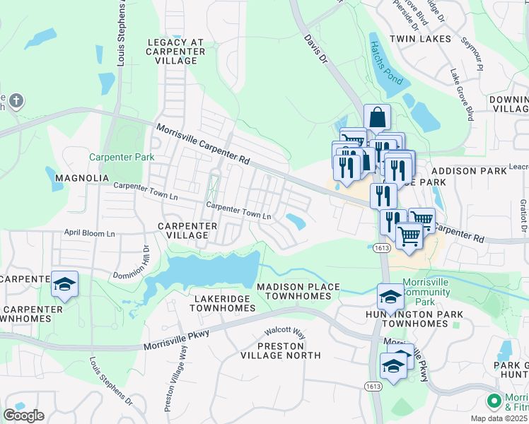 map of restaurants, bars, coffee shops, grocery stores, and more near 109 Madison Grove Place in Cary