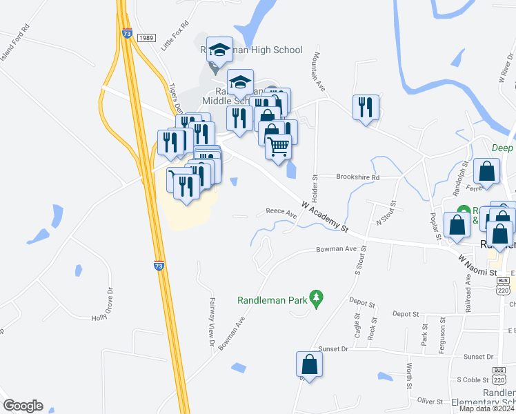 map of restaurants, bars, coffee shops, grocery stores, and more near 308 Reece Avenue in Randleman