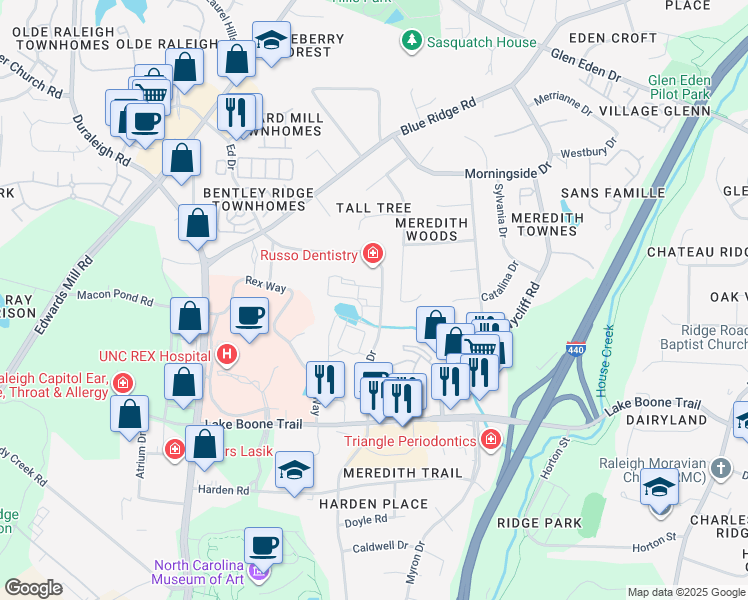 map of restaurants, bars, coffee shops, grocery stores, and more near 5 Landmark Drive in Raleigh