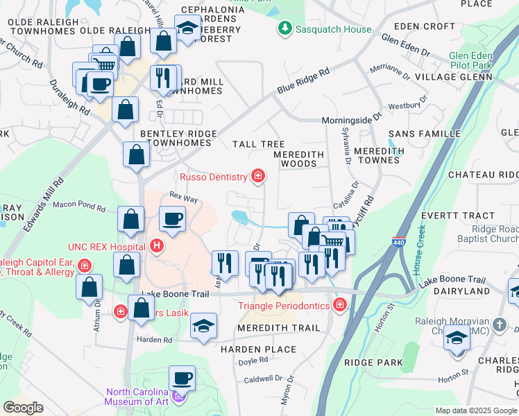 map of restaurants, bars, coffee shops, grocery stores, and more near 5 Landmark Drive in Raleigh