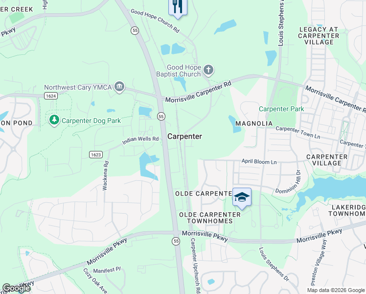 map of restaurants, bars, coffee shops, grocery stores, and more near 3040 Carpenter Upchurch Road in Cary