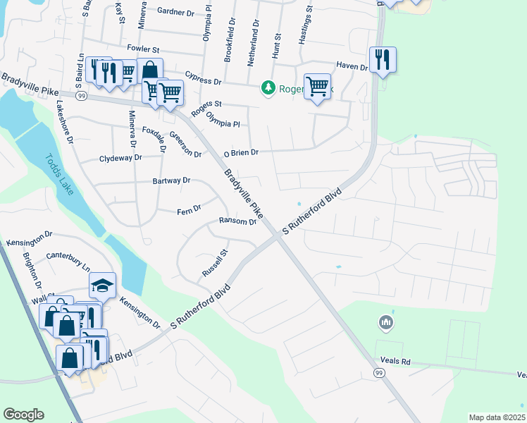 map of restaurants, bars, coffee shops, grocery stores, and more near 2021 Bradyville Pike in Murfreesboro
