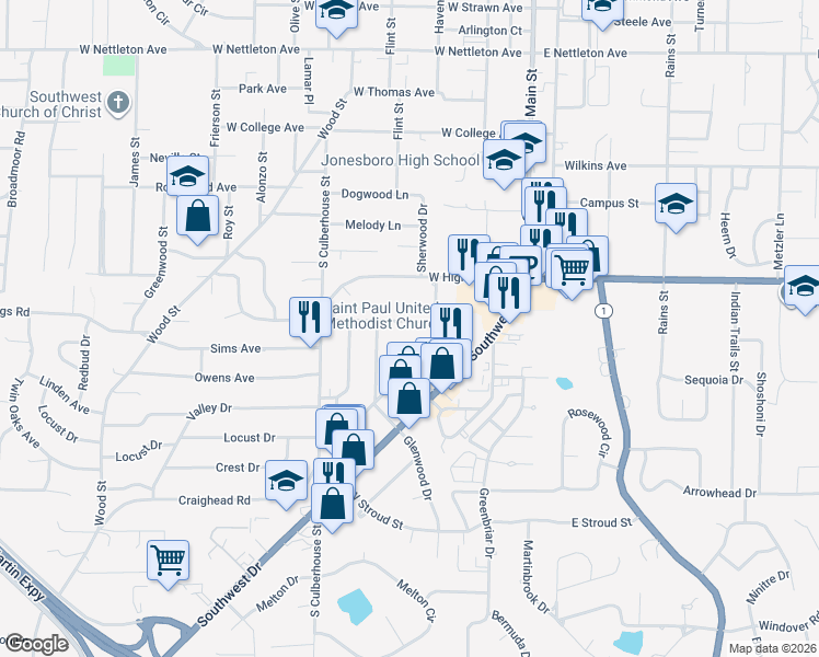 map of restaurants, bars, coffee shops, grocery stores, and more near 407 Parkview Street in Jonesboro
