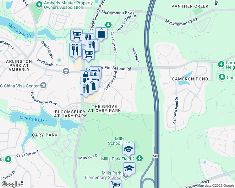 map of restaurants, bars, coffee shops, grocery stores, and more near 1454 Glenwater Drive in Cary