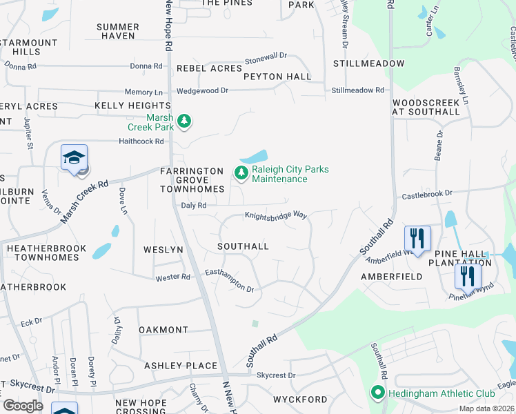 map of restaurants, bars, coffee shops, grocery stores, and more near 4412 Knightsbridge Way in Raleigh