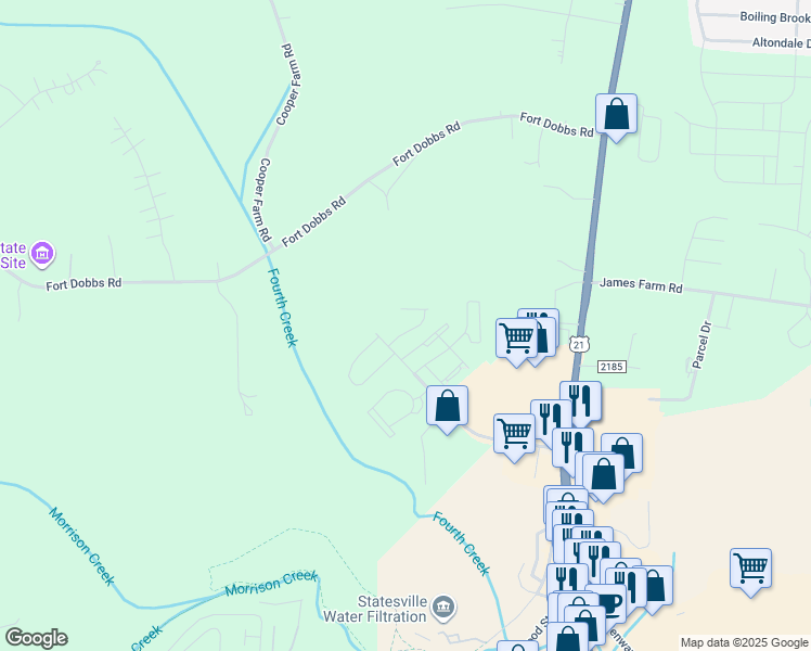 map of restaurants, bars, coffee shops, grocery stores, and more near 115 Redstone Lane in Statesville