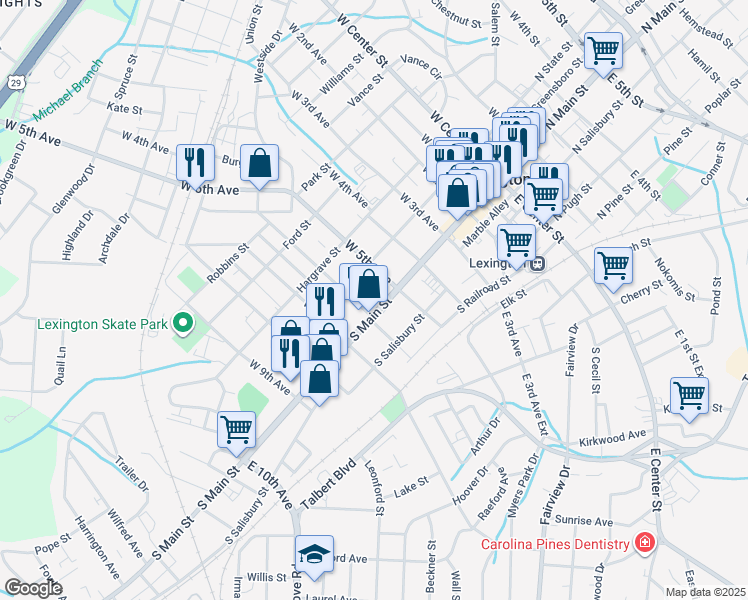 map of restaurants, bars, coffee shops, grocery stores, and more near 524 South Main Street in Lexington