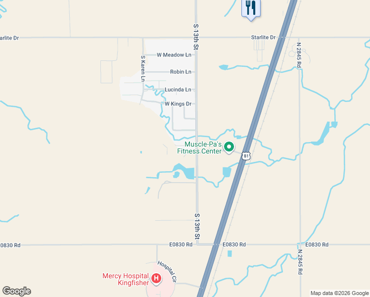 map of restaurants, bars, coffee shops, grocery stores, and more near 801 Kens Road in Kingfisher