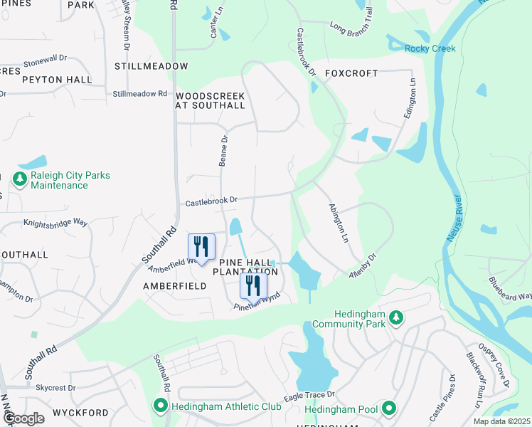 map of restaurants, bars, coffee shops, grocery stores, and more near 5300 Castlebrook Drive in Raleigh
