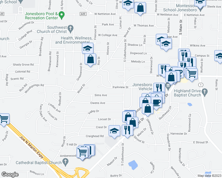 map of restaurants, bars, coffee shops, grocery stores, and more near 733 Parkview Street in Jonesboro