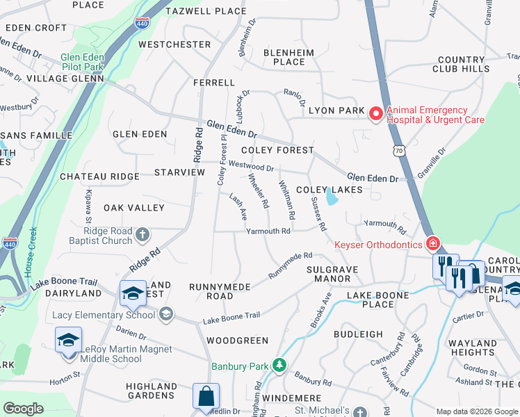 map of restaurants, bars, coffee shops, grocery stores, and more near 2215 Wheeler Road in Raleigh