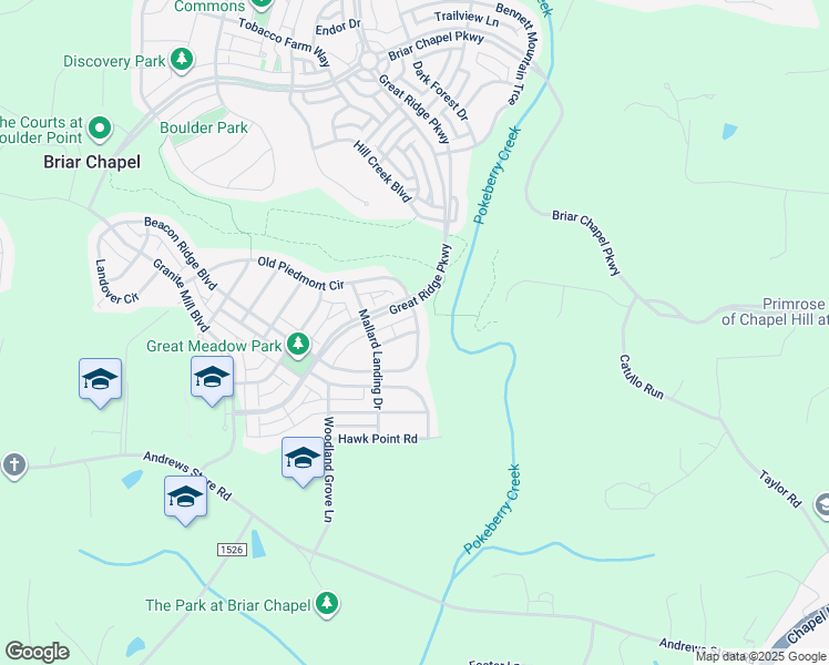 map of restaurants, bars, coffee shops, grocery stores, and more near 18 Monarch Trail in Chapel Hill