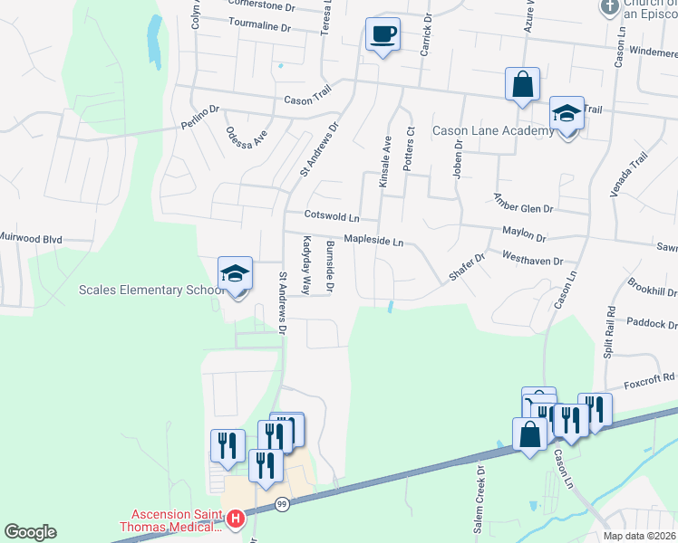 map of restaurants, bars, coffee shops, grocery stores, and more near 2229 Burnside Drive in Murfreesboro