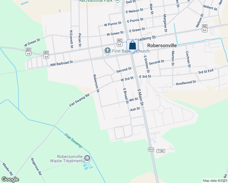 map of restaurants, bars, coffee shops, grocery stores, and more near 303 Crandell Street in Robersonville