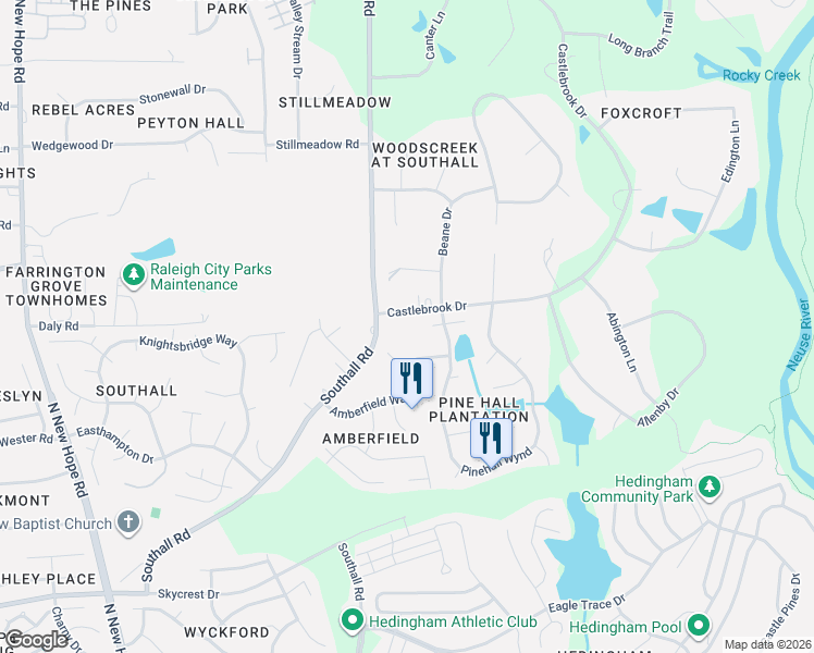 map of restaurants, bars, coffee shops, grocery stores, and more near 5101 Duckdown Court in Raleigh