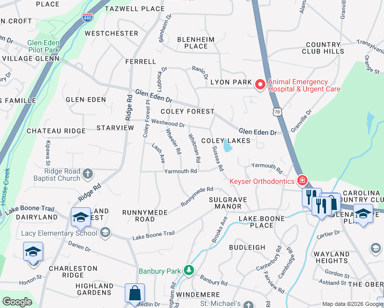map of restaurants, bars, coffee shops, grocery stores, and more near 2215 Whitman Road in Raleigh