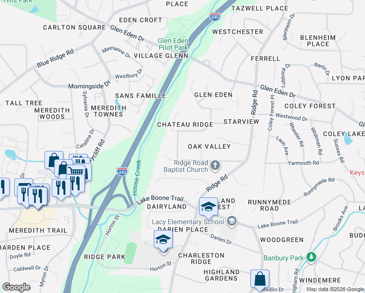 map of restaurants, bars, coffee shops, grocery stores, and more near 2116 Kipawa Street in Raleigh