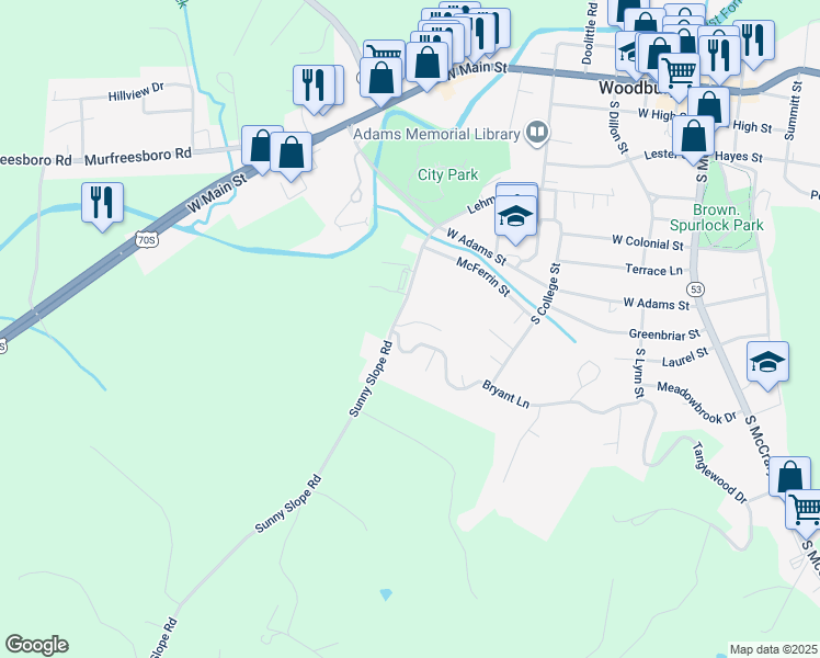 map of restaurants, bars, coffee shops, grocery stores, and more near 100 South Ridge Drive in Woodbury