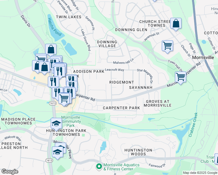 map of restaurants, bars, coffee shops, grocery stores, and more near 111 Gratiot Drive in Morrisville