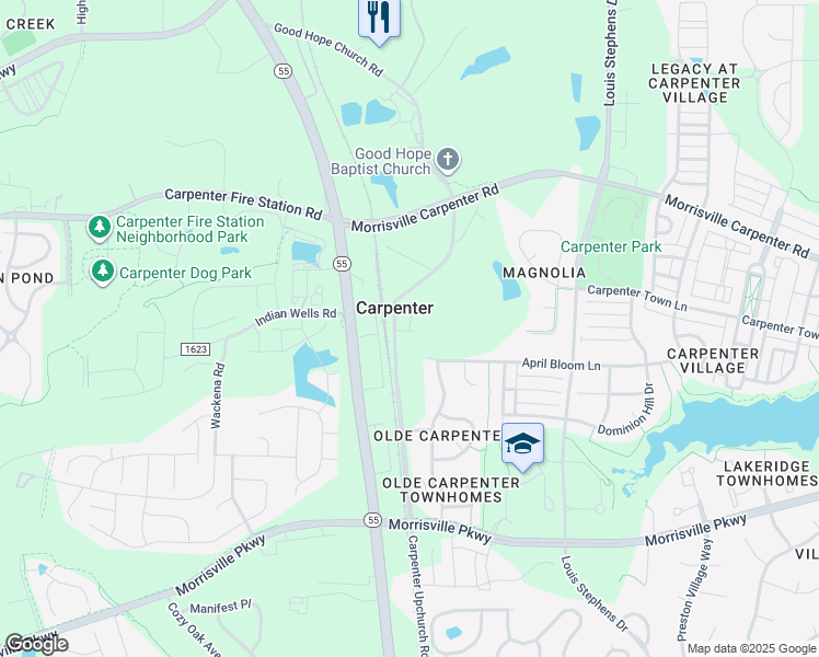 map of restaurants, bars, coffee shops, grocery stores, and more near 3040 Carpenter Upchurch Rd in Cary