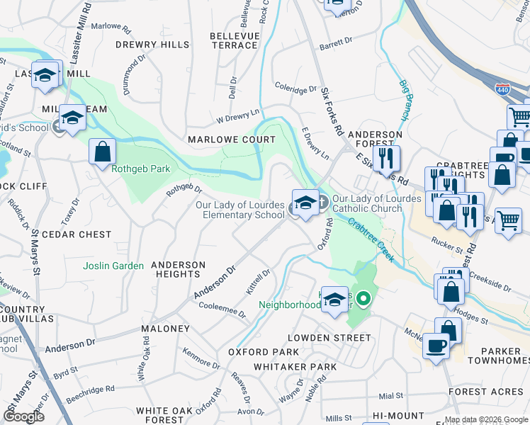 map of restaurants, bars, coffee shops, grocery stores, and more near 2832 Claremont Road in Raleigh