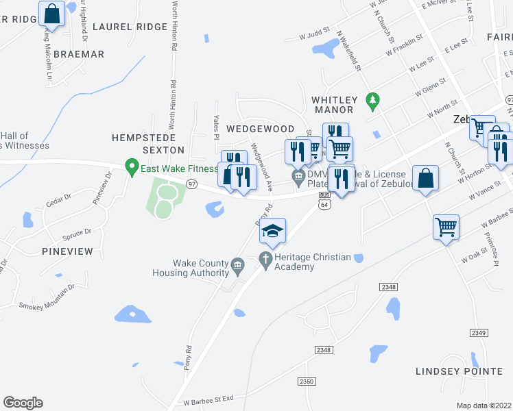 map of restaurants, bars, coffee shops, grocery stores, and more near 603 West Gannon Avenue in Zebulon