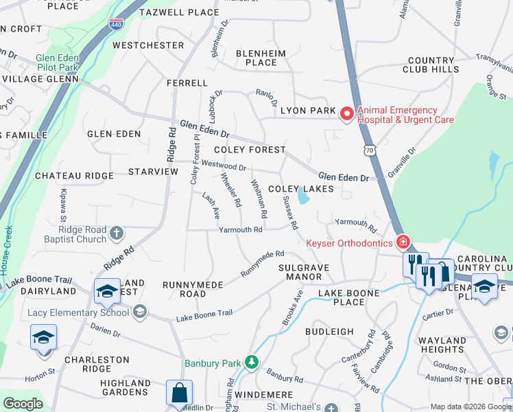 map of restaurants, bars, coffee shops, grocery stores, and more near 2215 Whitman Road in Raleigh