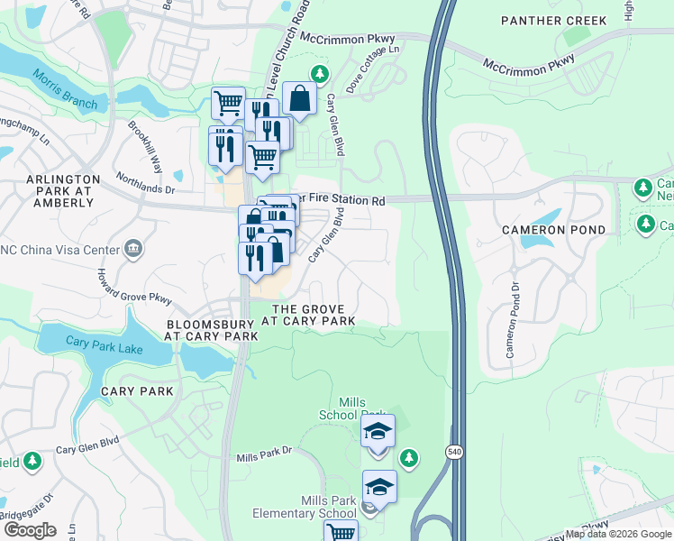 map of restaurants, bars, coffee shops, grocery stores, and more near 1815 Cary Reserve Drive in Cary