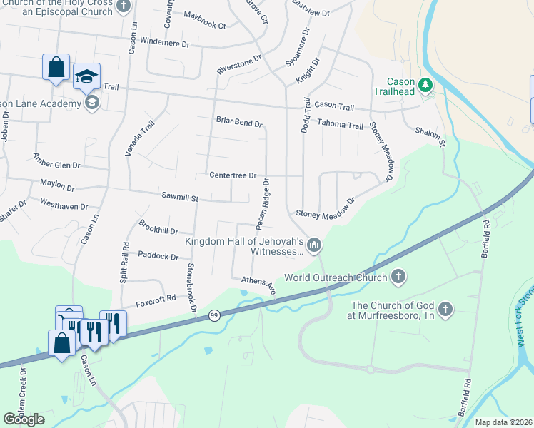 map of restaurants, bars, coffee shops, grocery stores, and more near 1928 Pecan Ridge Drive in Murfreesboro