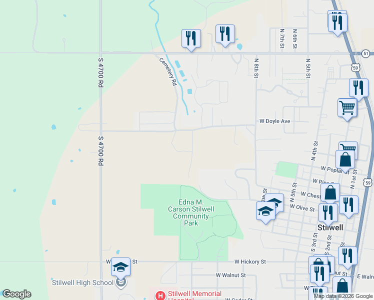 map of restaurants, bars, coffee shops, grocery stores, and more near 1012 Doyle Avenue in Stilwell
