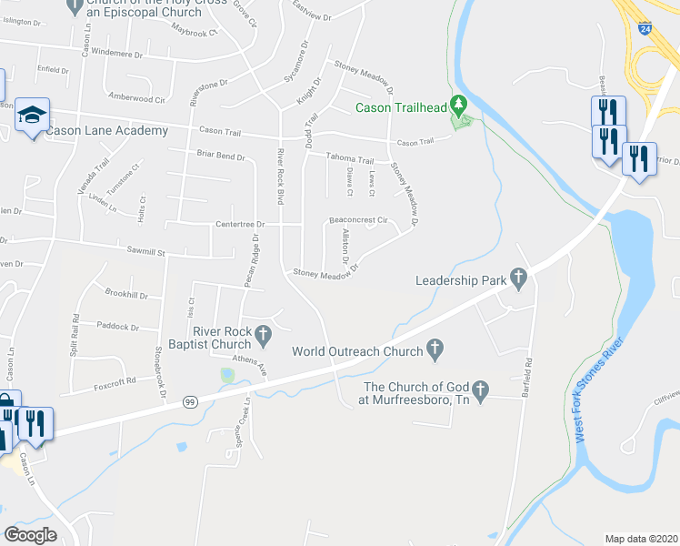 map of restaurants, bars, coffee shops, grocery stores, and more near 1642 Allston Drive in Murfreesboro
