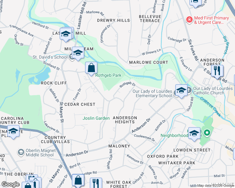 map of restaurants, bars, coffee shops, grocery stores, and more near 2706 Rothgeb Dr in Raleigh