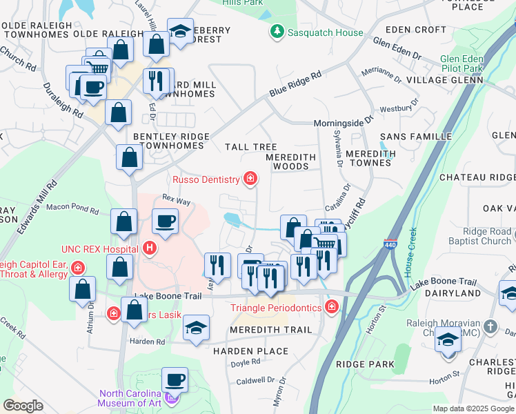 map of restaurants, bars, coffee shops, grocery stores, and more near 5 Landmark Drive in Raleigh