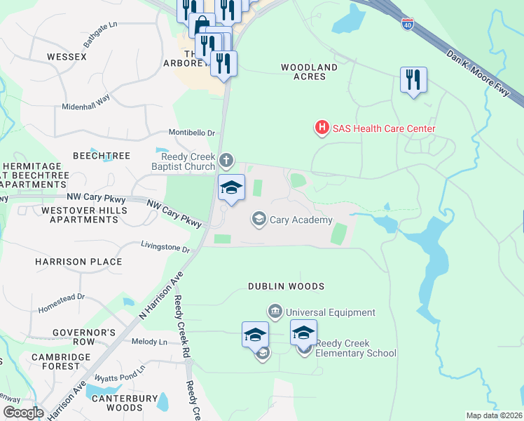 map of restaurants, bars, coffee shops, grocery stores, and more near in Cary