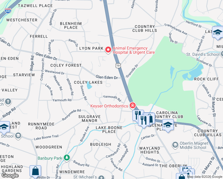 map of restaurants, bars, coffee shops, grocery stores, and more near 3304 Bellewood Forest Circle in Raleigh